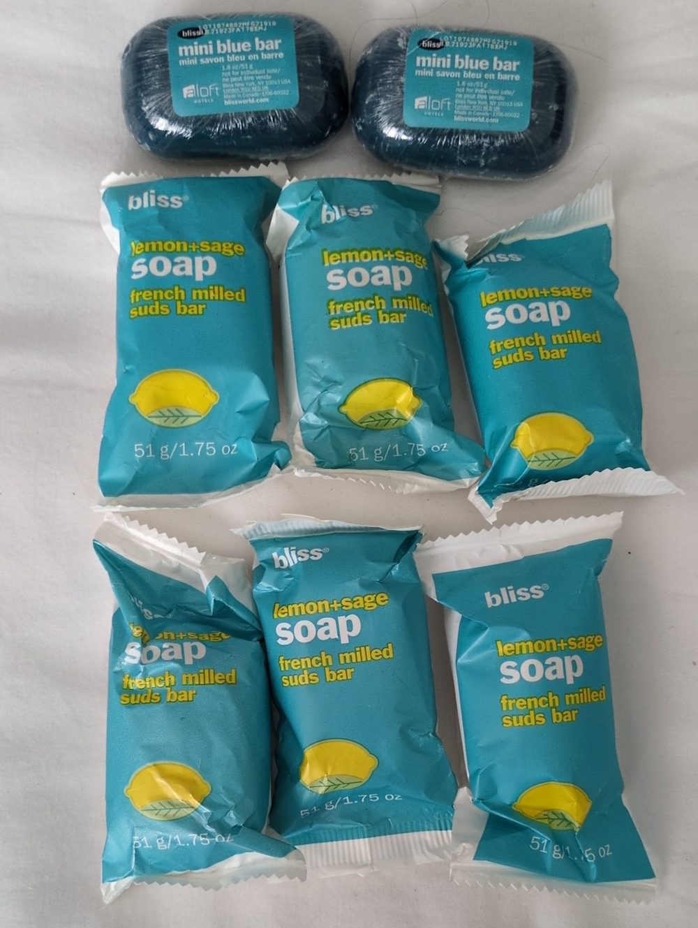 Lot Of 8 Bliss Lemon + Sage/Mini Blue Bar Soap